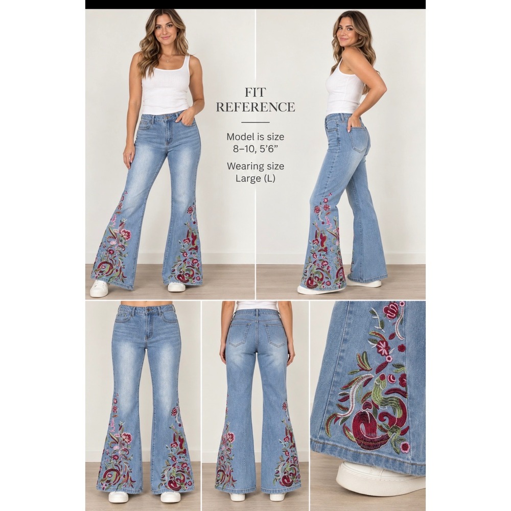 Romwe Womens Floral Embroidered Flare Jeans Light Wash Boho Bell Bottoms Size L